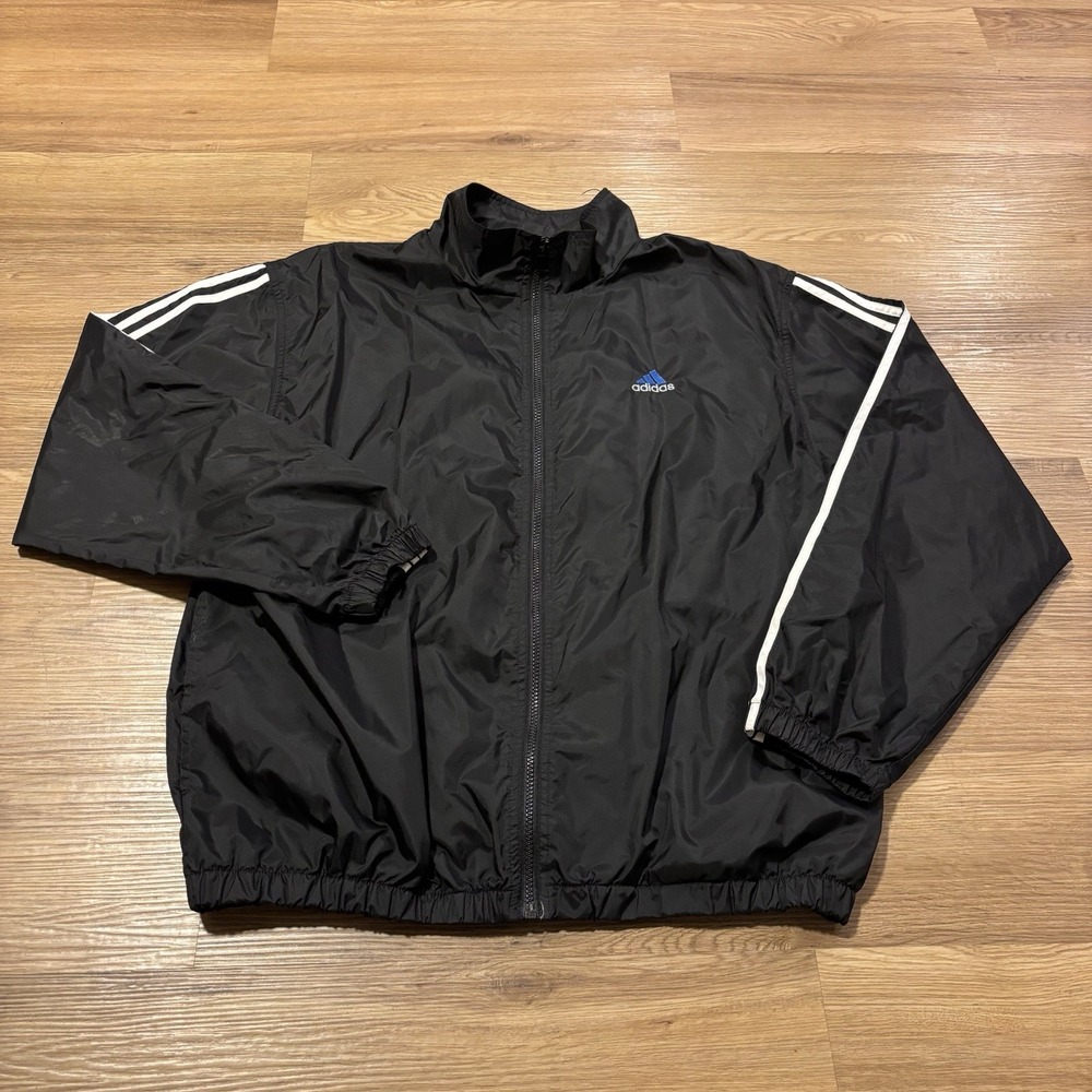 VTG 90s Adidas Windbreaker Jacket Mens L Black Full Zip Embroidered Hip Hop Y2K